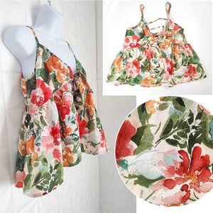 Floral Cropped  Ruffle Tank Top Summer Swing Tropical Bow Boho S
